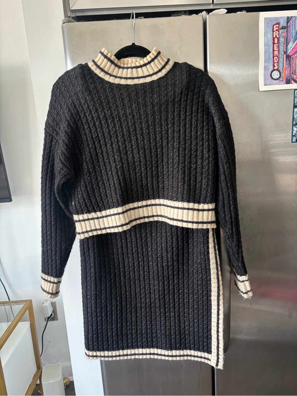 Heartloom Black Ribbed Sweater Dress with Cream Trim